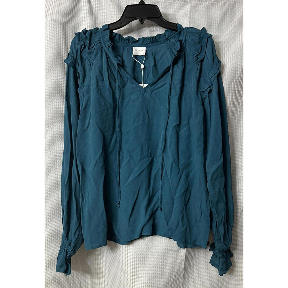 NWT Vila Viavery Womens Blue Coral Long‎ Sleeve Top Blouse Shirt Size 38